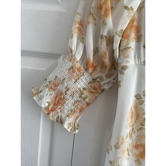 Luxxel Floral Open Back Maxi Dress Size Large Orange Cream Puff Sleeve Chiffon - Picture 3 of 7
